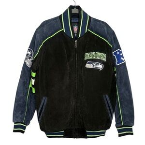 Leather varsity coat NFL Seattle Seahawks Jacket blue green mens size medium